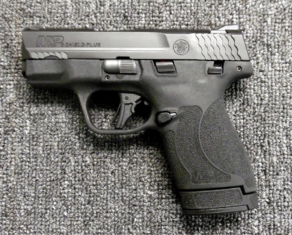Preowned, Excellent Condition, Smith & Wesson Shield Plus Sub-Compact Pistol, 9mm, 3.1″ Barrel, White Dot Sights, Polymer Frame, External Safety, Flat Face Trigger, 10 & 13 Round Magazines: Only $319!