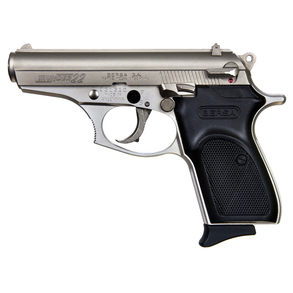 New Bersa Thunder Semi-Automatic Compact Metal Frame Pistol, .22 LR, SA/DA, 3.5″ Barrel, Nickel Finish, Polymer Grips, Fixed Sights, 10 Rounds, 1 Magazine: Only $297!