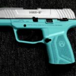 Preowned, Excellent Condition, Ruger Max-9 Sub-Compact Pistol, 9mm, 3.2″ Barrel, 10 & 12 Rounds, 2 Magazines, External Safety, Turquoise Frame, Satin Silver Slide, Optics Ready, Tritium Fiber Optic Front Night Sight: Only $319!