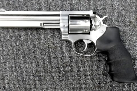 Preowned, Like New, Ruger GP100 Medium Frame Revolver, .357 Magnum, 6.0″ Barrel, Stainless Steel, Satin Silver Finish, Hogue Monogrip, Ramp Front and Adjustable Rear Sights, 6 Rounds, KGP-161: Only $629!