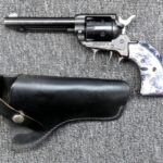 Preowned, Excellent Condition, Heritage Rough Rider Single-Action Revolver, .22 LR, 4.8″ Barrel, 6 Rounds, US Flag Grips, Leather Holster: Only $129!