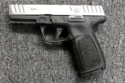Preowned, Excellent Condition, Smith & Wesson SD9 2.0 Full Size Polymer Frame Pistol, 9mm, 4.0″ Barrel, Satin Silver Slide, Black Frame, White Dot Sights, Flat Face Trigger, 16 Rounds, 2 Magazines: Only $219!