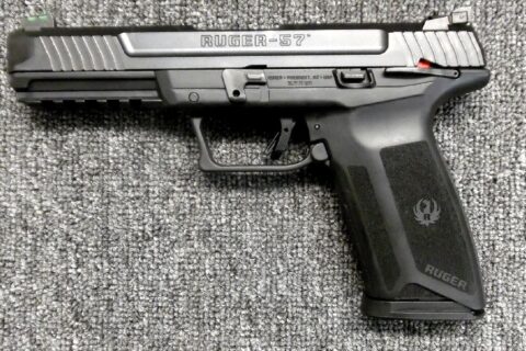 Preowned, Excellent Condition, Ruger 57 Semi-Automatic Full Size Pistol, 5.7X28mm, 4.9″ Barrel, Glass Filled Nylon Frame, Black Finish, 20 Rounds, 2 Magazines, Ambidextrous Safety, Fiber Optic Front & Adjustable Rear Sights: Only $389!