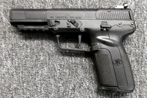 Preowned, Excellent Condition, FN Five-seveN Full Size Pistol, 5.7x28mm, 4.8″ Barrel, Polymer Frame, Black Finish, Adjustable Sights, Ambidextrous Safety, 20 Rounds, 3 Magazines: Only $879!