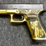 Preowned Glock 45 MAGA Edition Pistol, 9mm, 4.0″ Marksman Barrel, 17 Rounds, 1 Magazine, Front Serrations, Ambidextrous Slide Stop Lever, Flared Mag Well, Polymer Frame w/ Trump’s Image in Gold Cerakote: Only $397! 9mm
