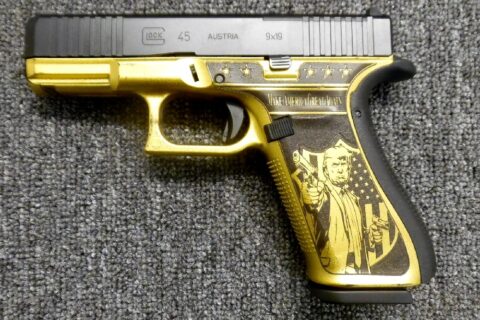 Preowned Glock 45 MAGA Edition Pistol, 9mm, 4.0″ Marksman Barrel, 17 Rounds, 1 Magazine, Front Serrations, Ambidextrous Slide Stop Lever, Flared Mag Well, Polymer Frame w/ Trump’s Image in Gold Cerakote: Only $397!